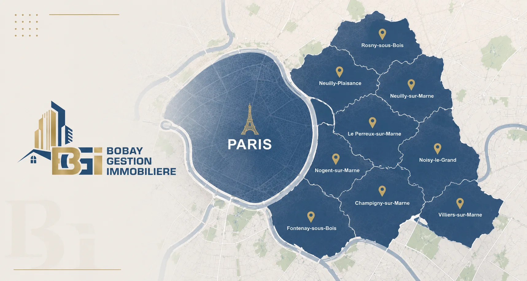 Carte du secteur d'exercice de Bobay Gestion Immobilière : Paris, Neuilly-Plaisance et communes de l'Est parisien